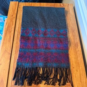 VTG Cashmere Blend Scarf Plaid Pattern Fringed Forrest Dark Green Blue Burgundy